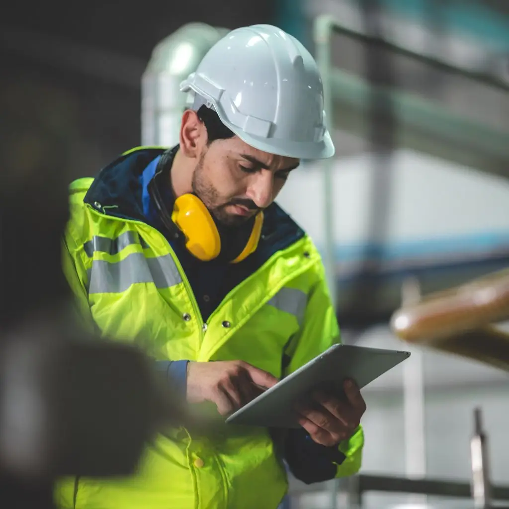 Trabalhador com equipamento de proteção, representando segurança no trabalho.